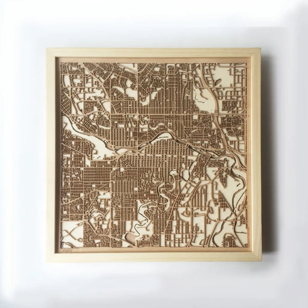 Calgary CityWood Minimal Wooden map wood laser cut maps https://thecitywood.com/ CityWood is a wooden map artwork. City streets, water CityWood - Laser Cut Wooden Maps - Award Wining Design by architect and designer Hubert Roguski