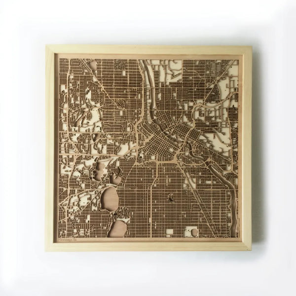 Minneapolis CityWood Minimal Wooden map wood laser cut maps https://thecitywood.com/ CityWood is a wooden map artwork. City streets, water CityWood - Laser Cut Wooden Maps - Award Wining Design by architect and designer Hubert Roguski