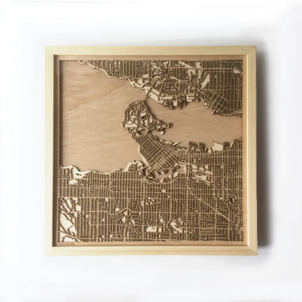 Vancouver CityWood Minimal Wooden map wood laser cut maps https://thecitywood.com/ CityWood is a wooden map artwork. City streets, water CityWood - Laser Cut Wooden Maps - Award Wining Design by architect and designer Hubert Roguski