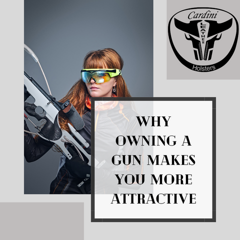 mujer sosteniendo una pistola, el texto del símbolo de cuero cardini dice: Por qué poseer una pistola te hace más atractivo