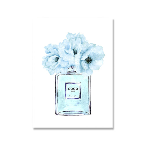 Coco Chanel Dark Blue Floral Perfume Bottle Wall Print