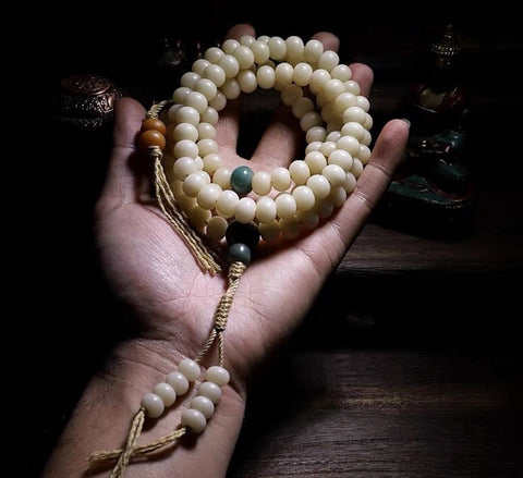 White Bodhi Seed 108 Mala Beads Vegan Buddha Bracelet / Necklace