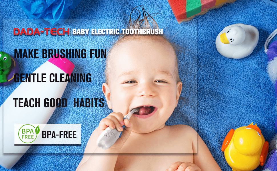 Baby lying on blue blanket happily brushing teeth with Dada-tech baby electric toothbrush