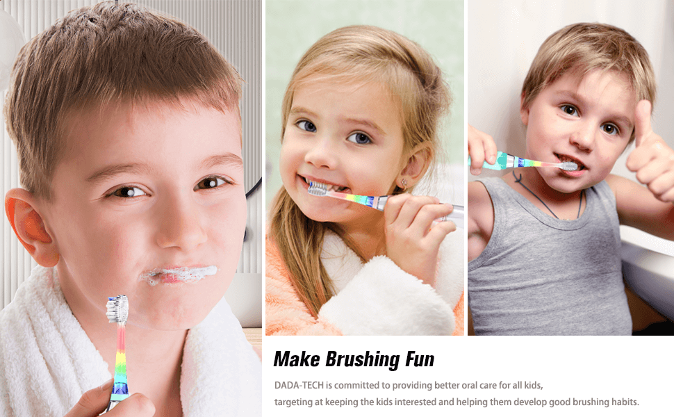 two boys and a girl are using dada-tech kids sonic toothbrush with led lights happily.