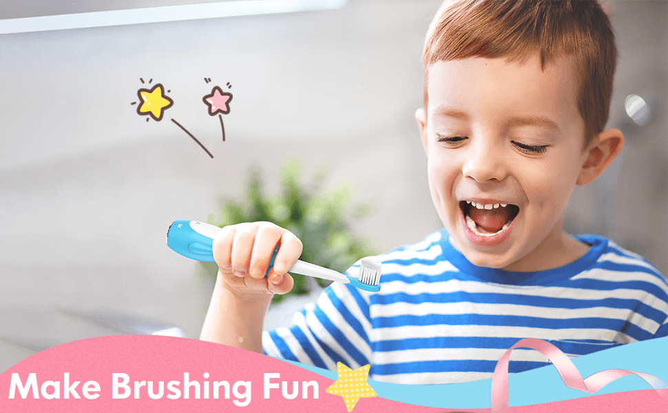 Little boy in blue stripes is brushing his teeth with a blue electric toothbrush in the shape of a dog