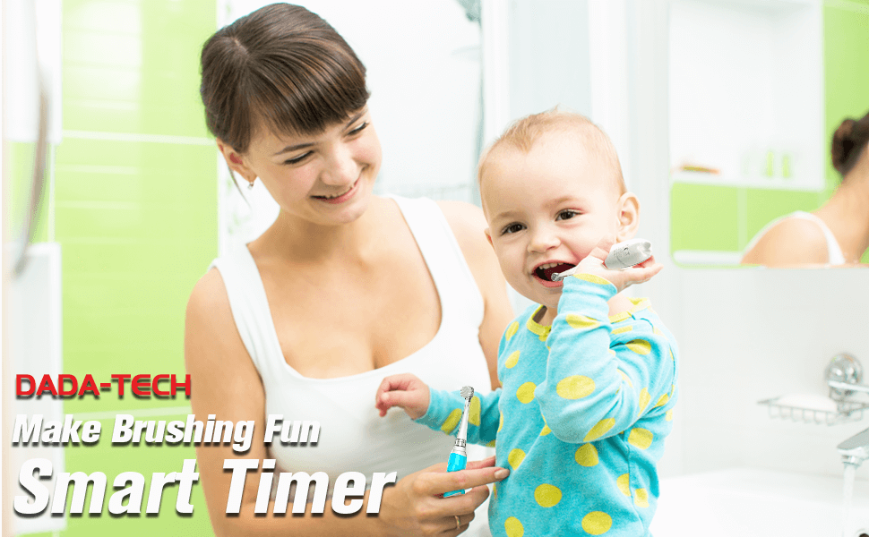 Mom watching son happily brushing teeth with electric toothbrush by the sink