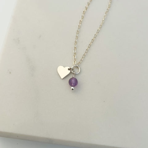 Heart Birthstone Charm Necklace in Sterling Silver with Amethyst Gemstone