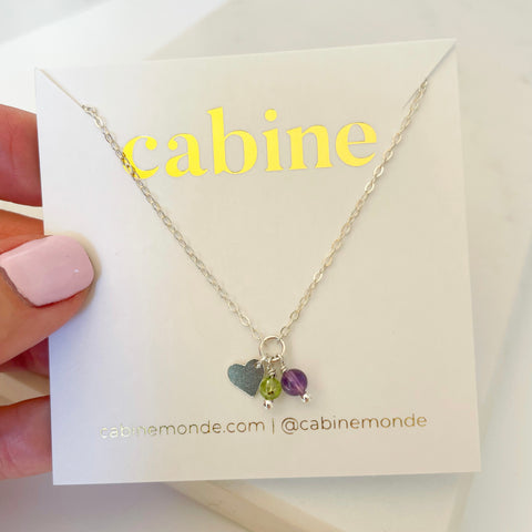 Heart Charm Birthstone Necklace in Peridot and Amethyst 