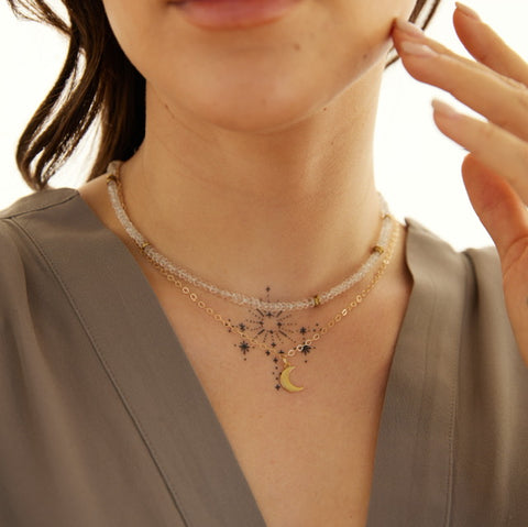 Layering Necklaces in Clear Quartz with Gold Moon Pendant 