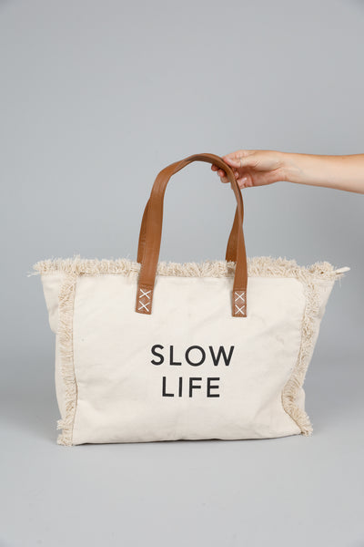 slow life tote bag natural with tan straps