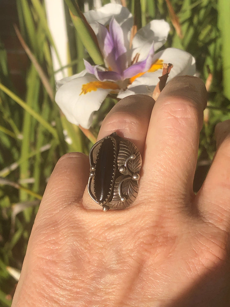 Vintage Black Onyx Sterling Silver Ring Size 7.25, Native American Indian  Jewelry for Women