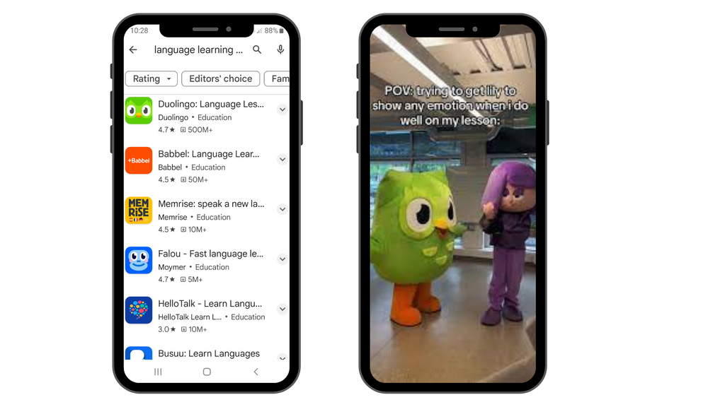 Dos capturas de pantalla de Duolingo para dispositivos móviles que muestran un video de Tiktok y una lista de aplicaciones de Play Store