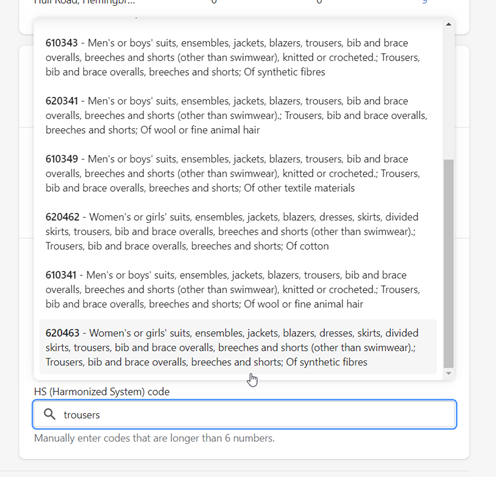 HS code look up example
