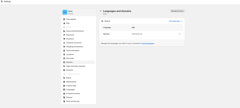 Shopify Markets languages & domains settings