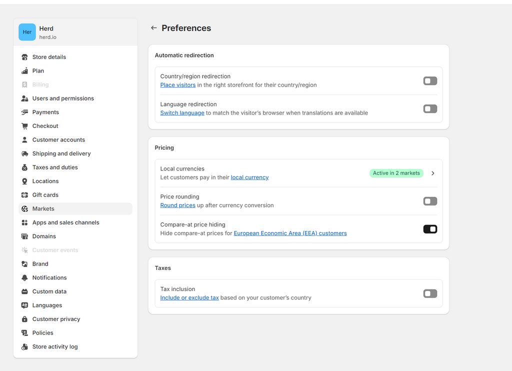 Shopify Markets preferences panel