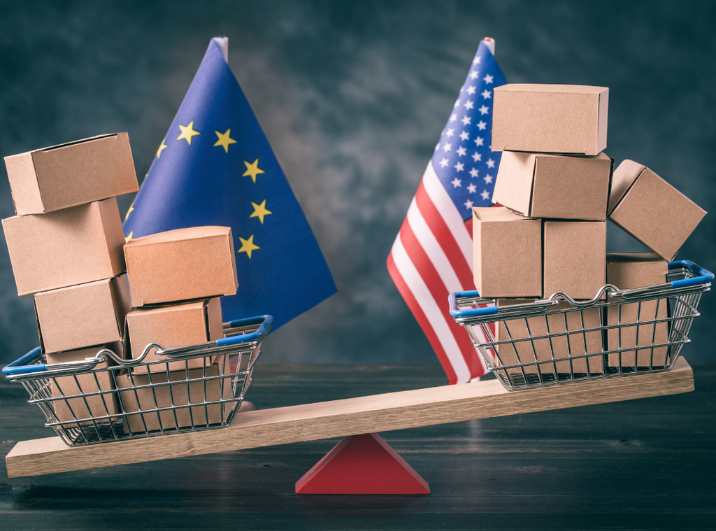 baskets on a seesaw and flags representing trade between EU and USA