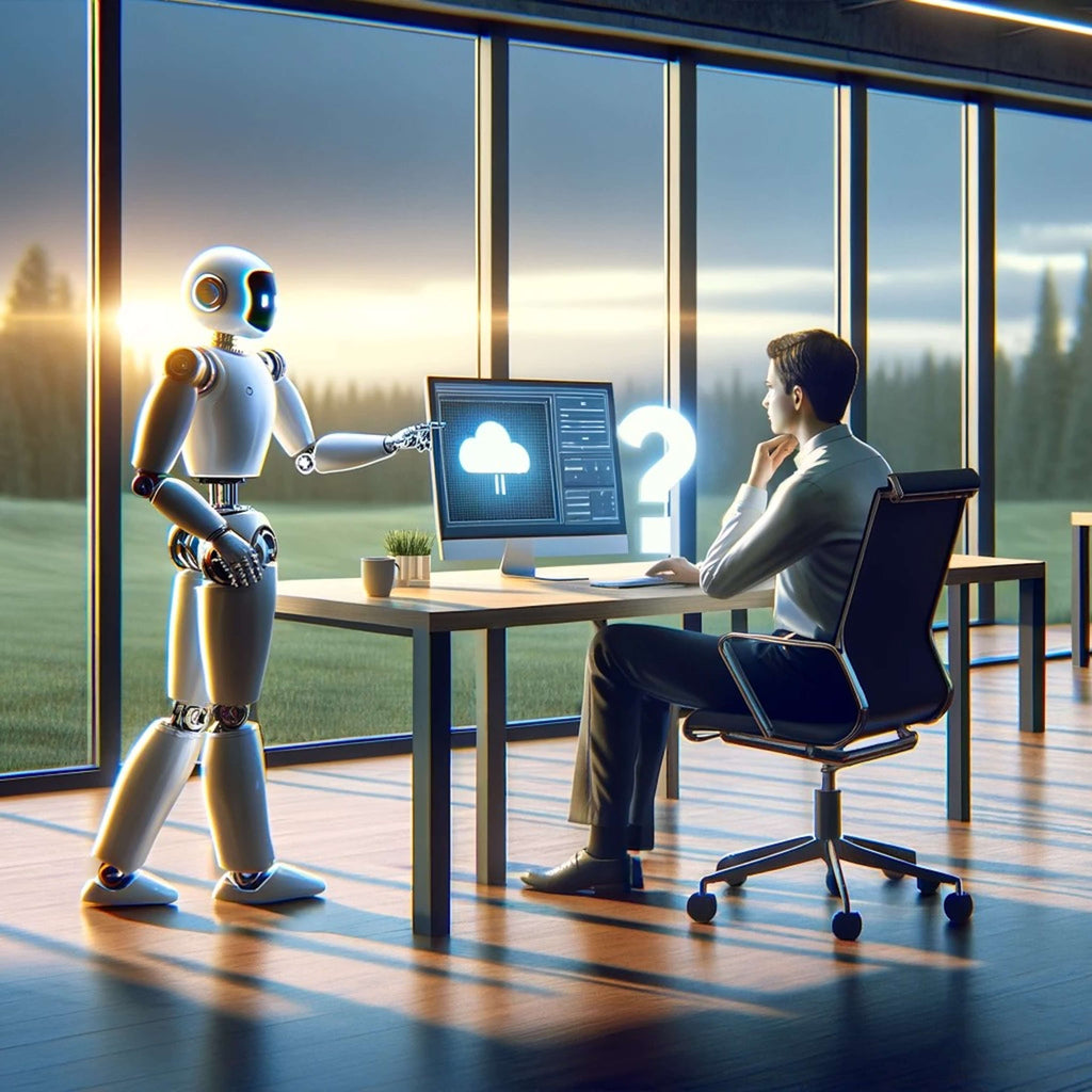 A robot offering to help a person working at a computer