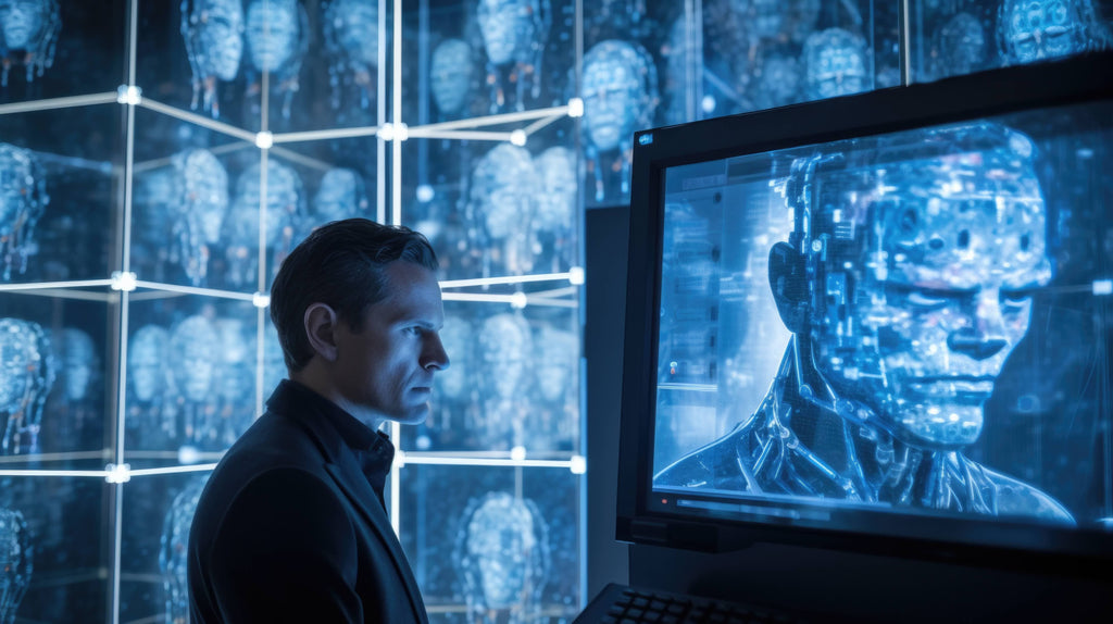 Un hombre mirando una pantalla que muestra una generación de IA.