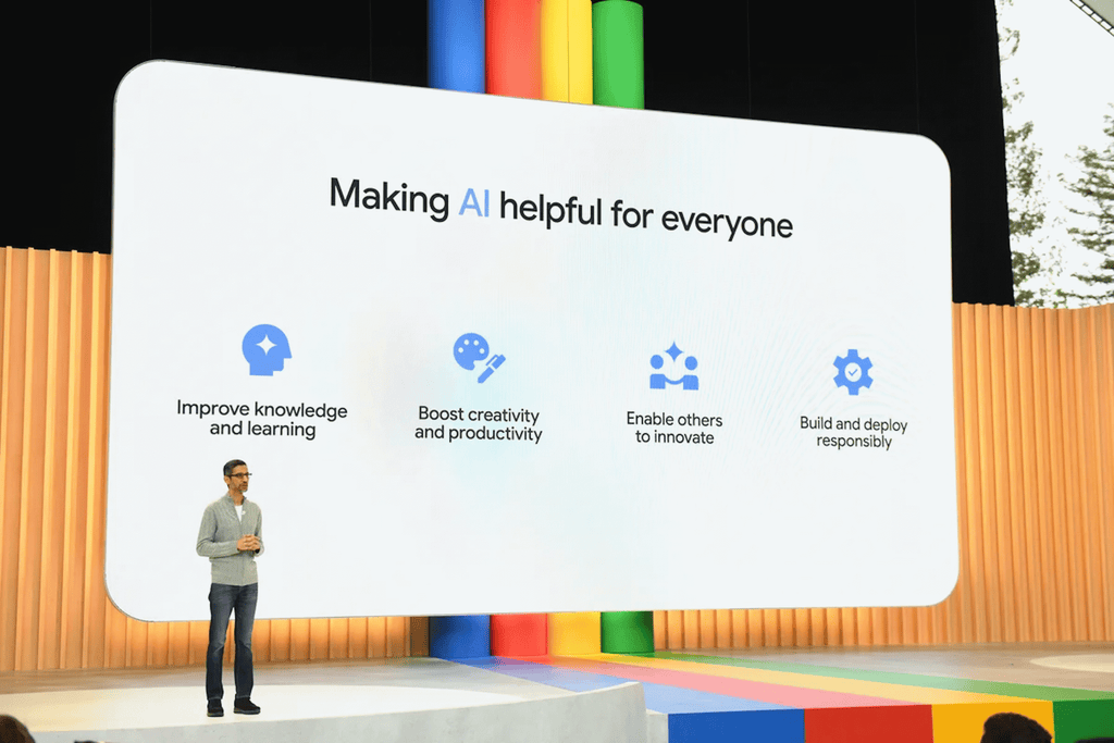 Google CEO Sundar Pichai presenting at the Google I/O event