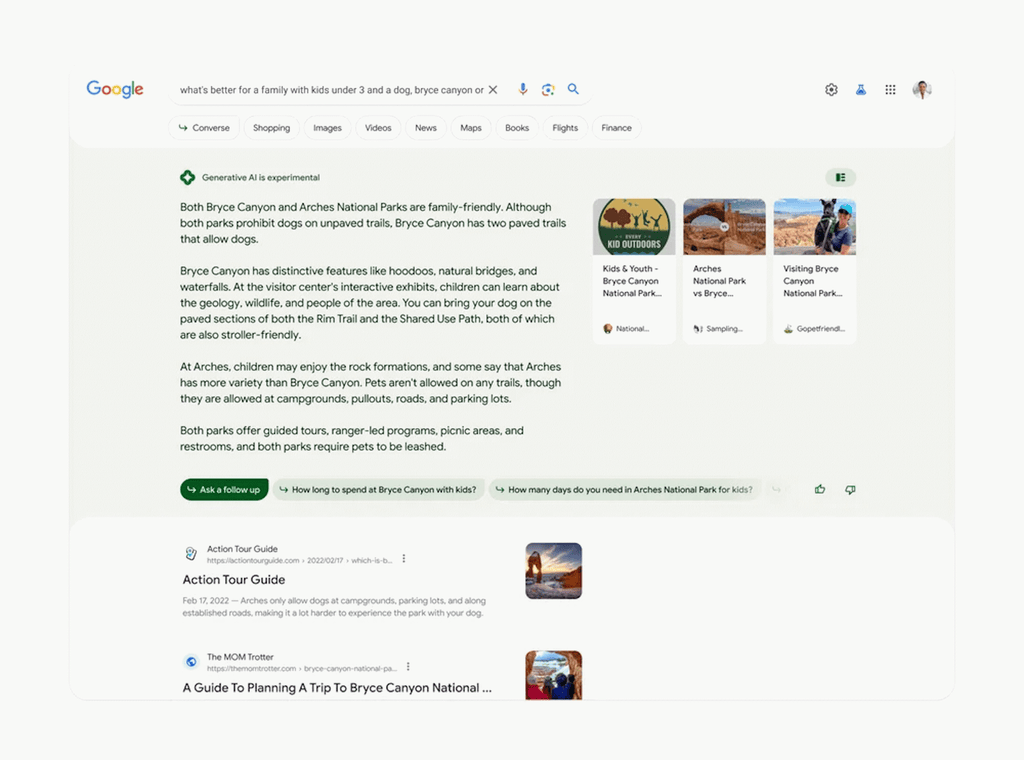 An example of Google's Search Generative Experience appearing for a search about Bryce Canyon