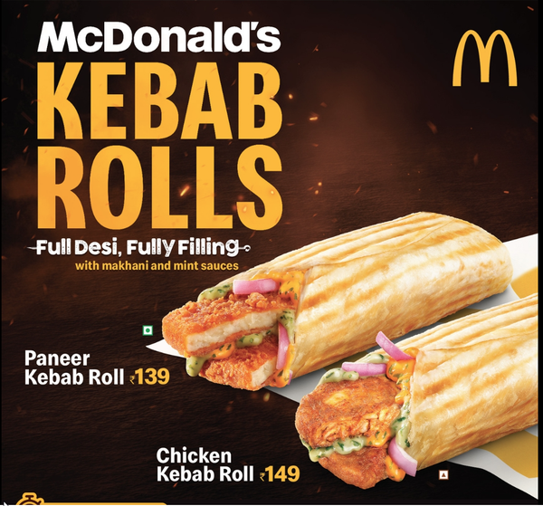 Anuncio de Facebook de McDonald's India que muestra un producto de rollo de kebab