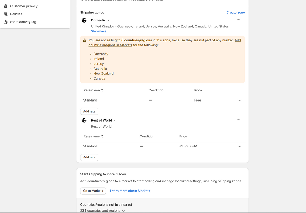 Shopify Shipping zone set up panel