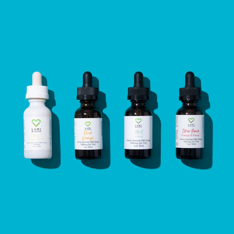 A picture of the 4 LumiBloom tinctures that contain CBD.