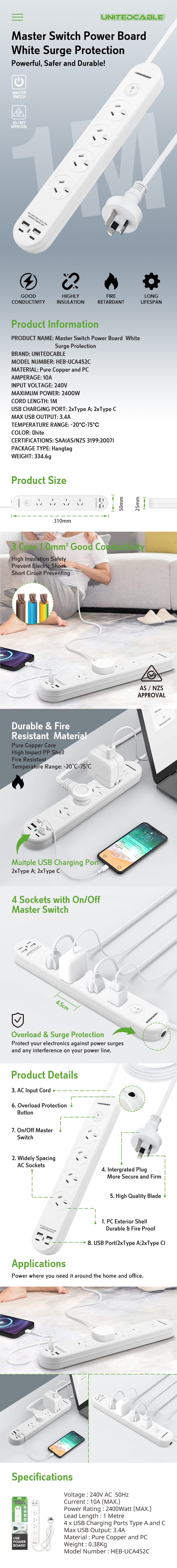 Powerboard 4 Way AUS Sockets With Individually Switch Surge Protected