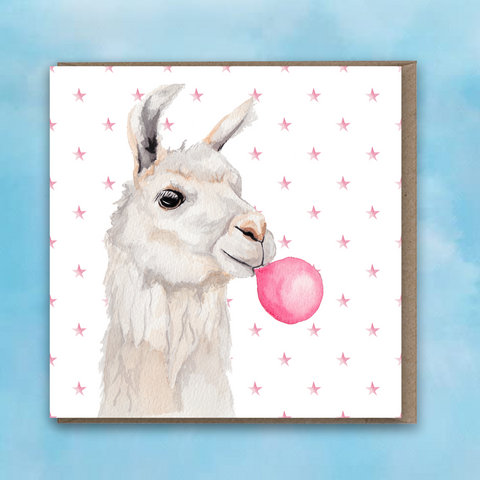 Greeting card featuring a painted llama with pink bubblegum bubble and pink star background