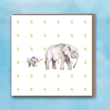 Greeting card with pink heart background, Elephant and Baby Elephant in centre