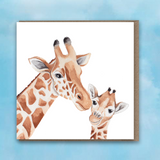 Greeting card with pink heart background, Giraffe and Baby Giragge in centre