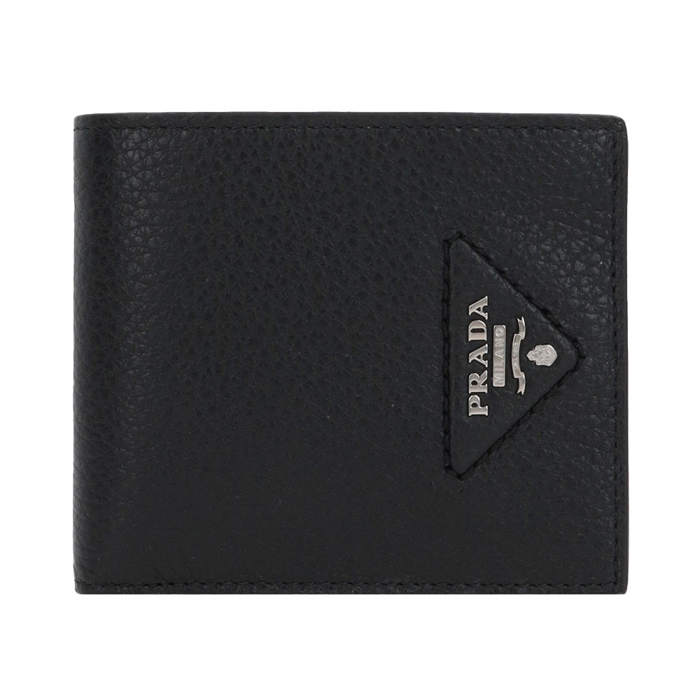 Prada Leather Metal Logo Bifold Wallet Black 