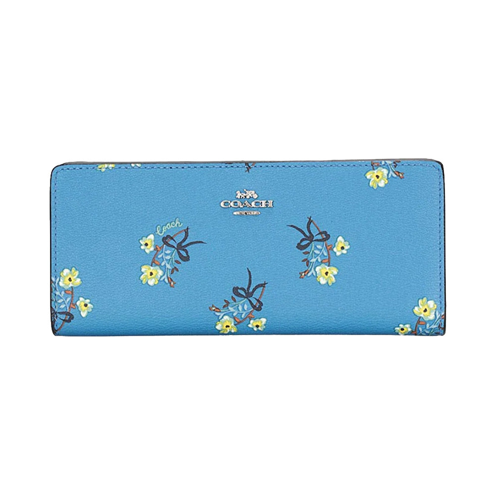 Floral Bow Slim Long Wallet Blue Multi Flower