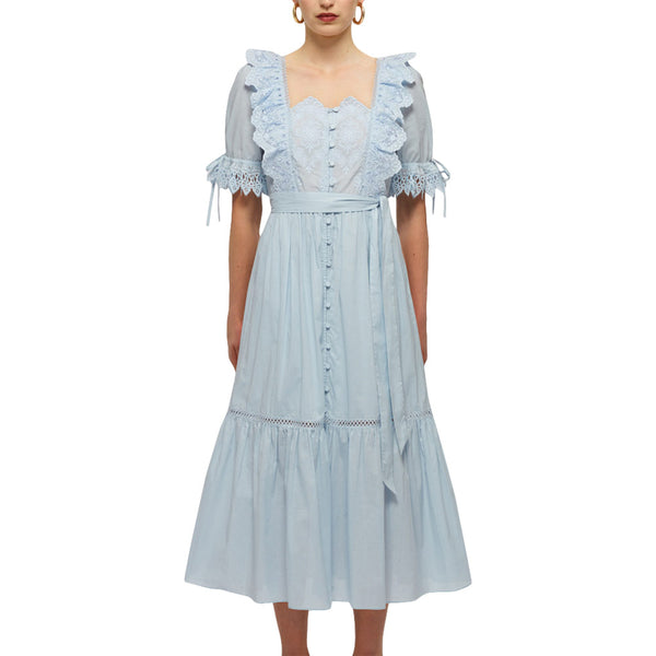 Floral Broderie Cotton Midi Dress Light Blue