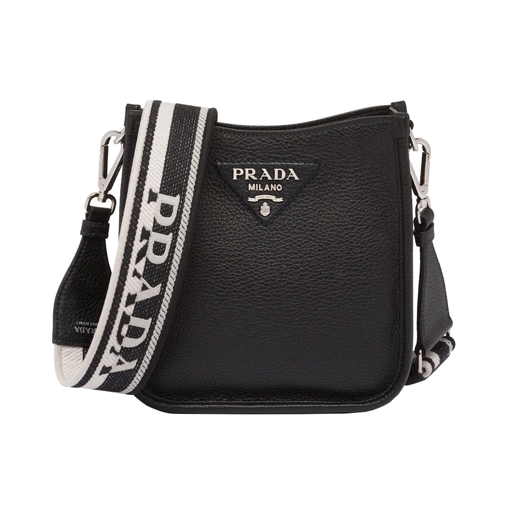 Prada Leather Mini Shoulder Bag with Nylon Logo Strap Black 