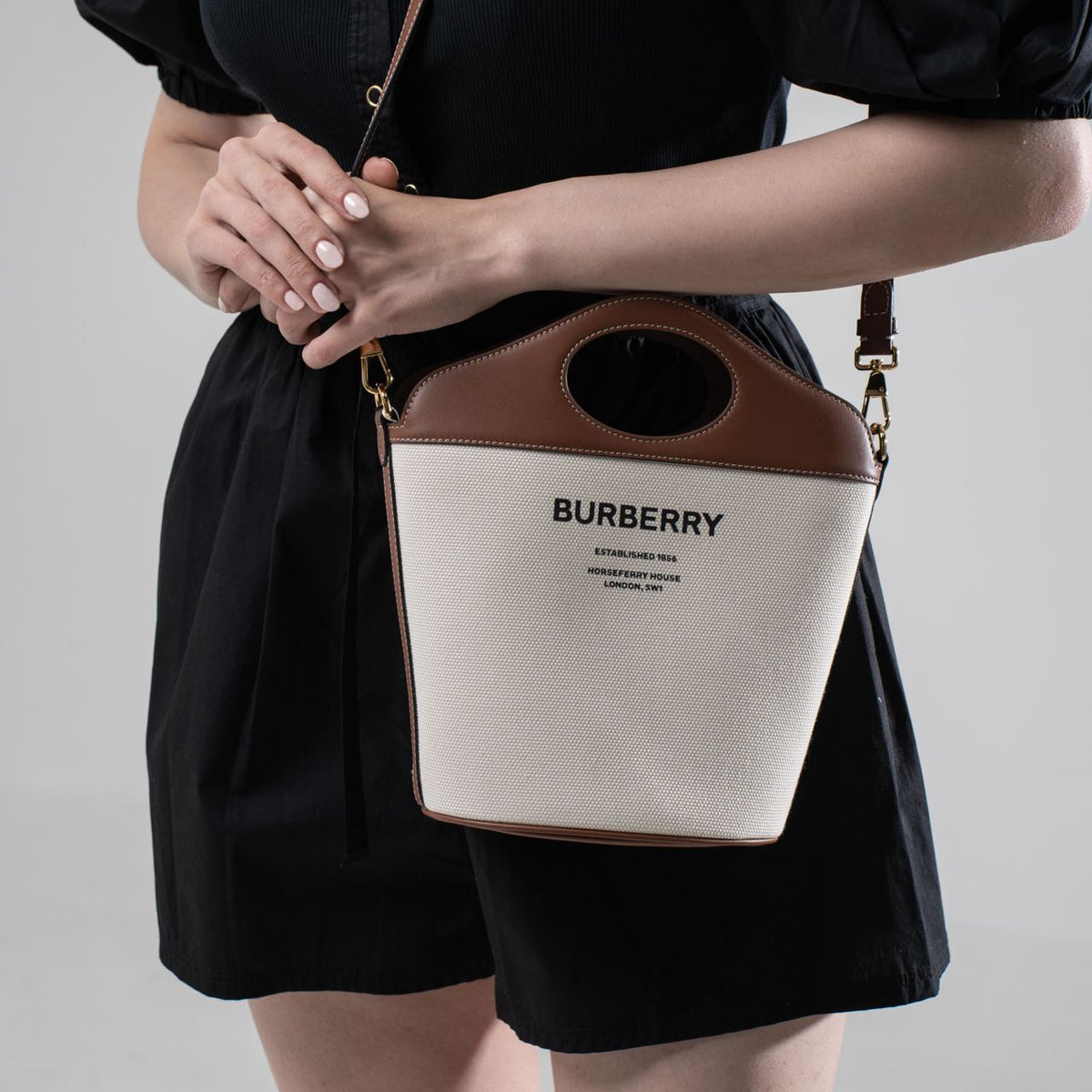 Burberry Canvas and Leather Two Tone Small Bucket Bag Natural/Tan |