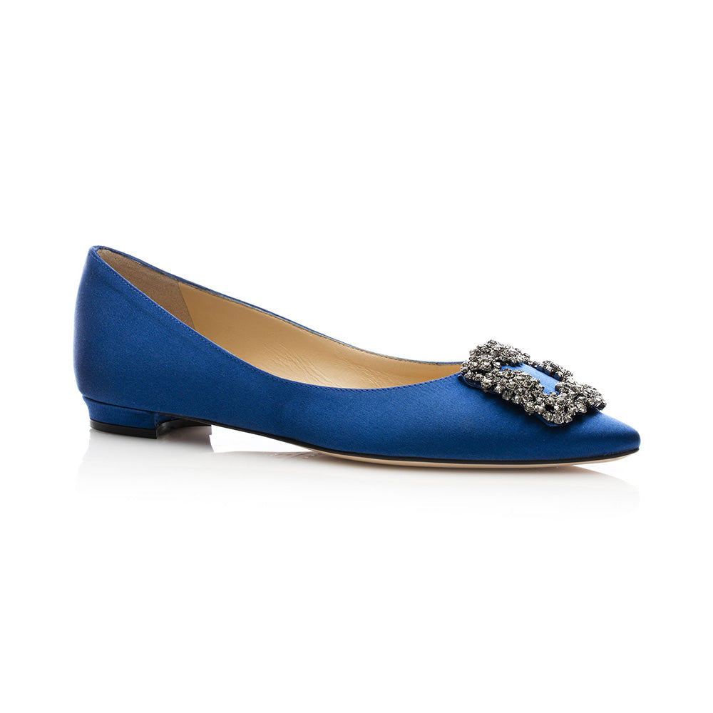 Manolo Blahnik Hangisi Flat Satin FMC Crystal Buckle Ballerinas Bblue