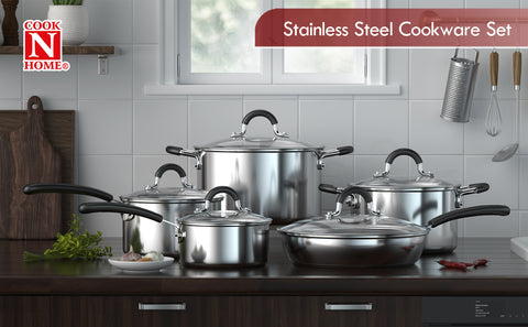 Cook N Home Kitchen Cookware Sets, 12-Piece Basic Stainless Steel Pots and  Pans, Silver