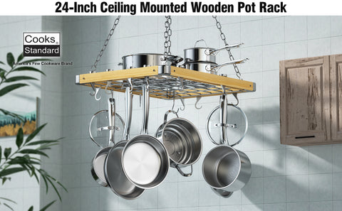24-Inch Ceiling Mounted Wooden Pot Rack