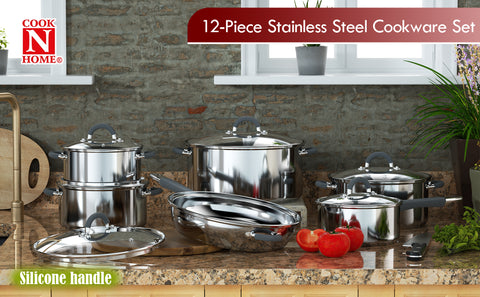 Cook N Home 12-Piece Stainless Steel Cookware Set, Silver