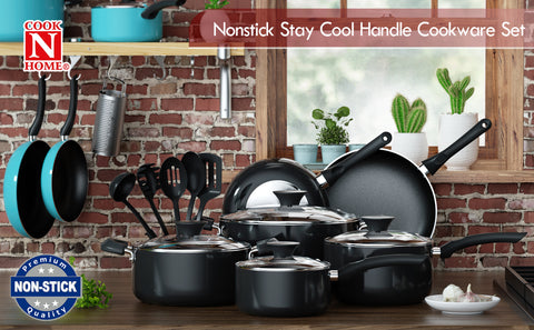 Cook N Home 15-Piece Nonstick Stay Cool Handle Cookware Set, Black