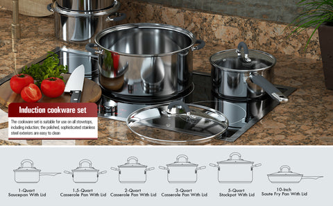 Cook N Home 12-Piece Stainless Cookware Sets, Silicone Handle, set