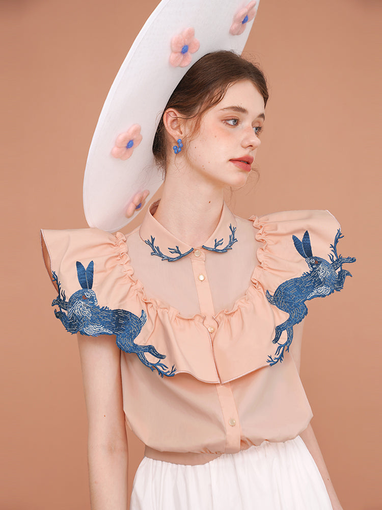 Blue fish embroidery collar blouse – remulia