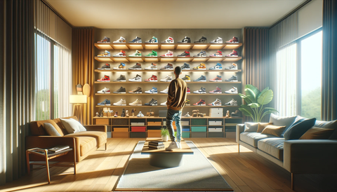 Una persona sta con orgoglio davanti alla sua impressionante collezione di sneakers