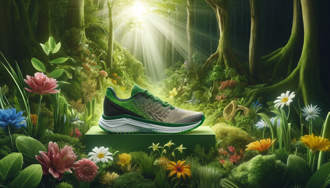 Una scarpa da corsa in primo piano e sullo sfondo un ambiente naturale con piante, fiori e alberi