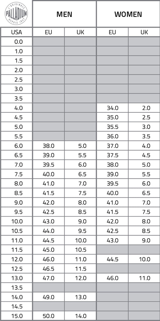 Palladium Unisex Size Chart