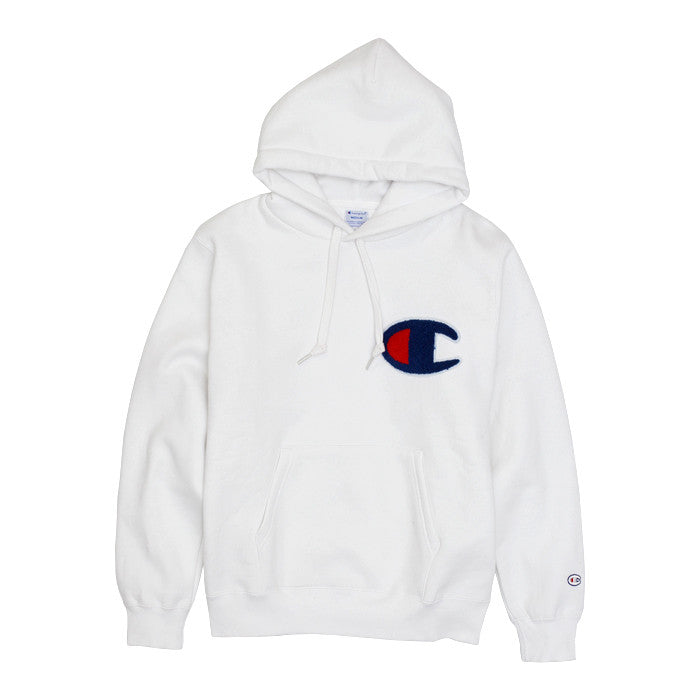 white champion hoodie with big c