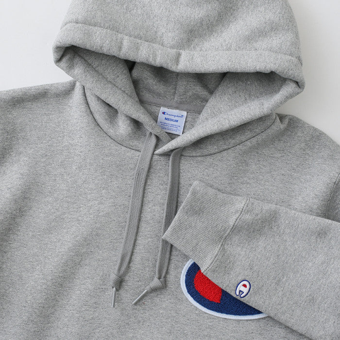 champion hoodie grey big logo