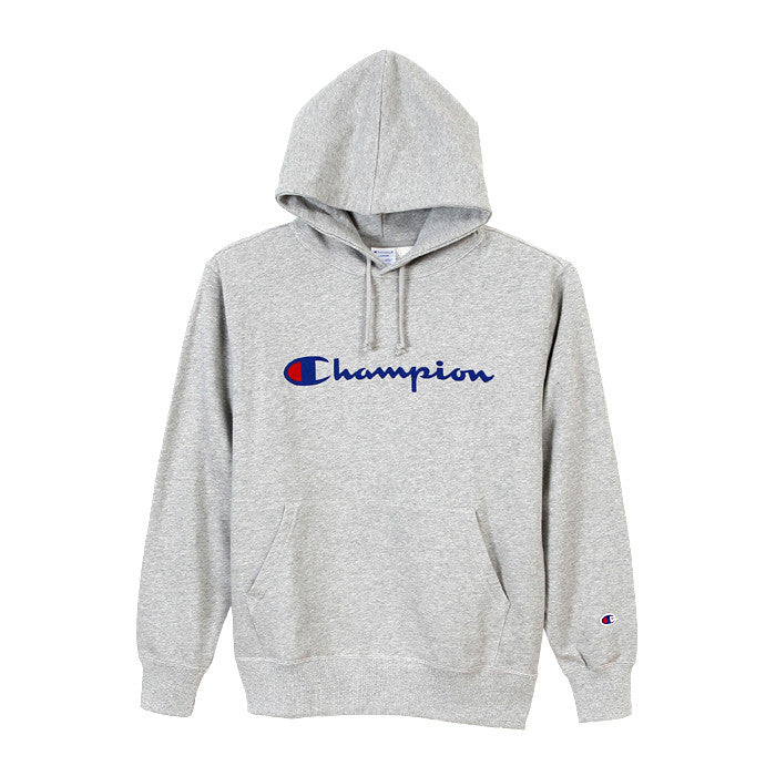 grey champion hoodie with white writing