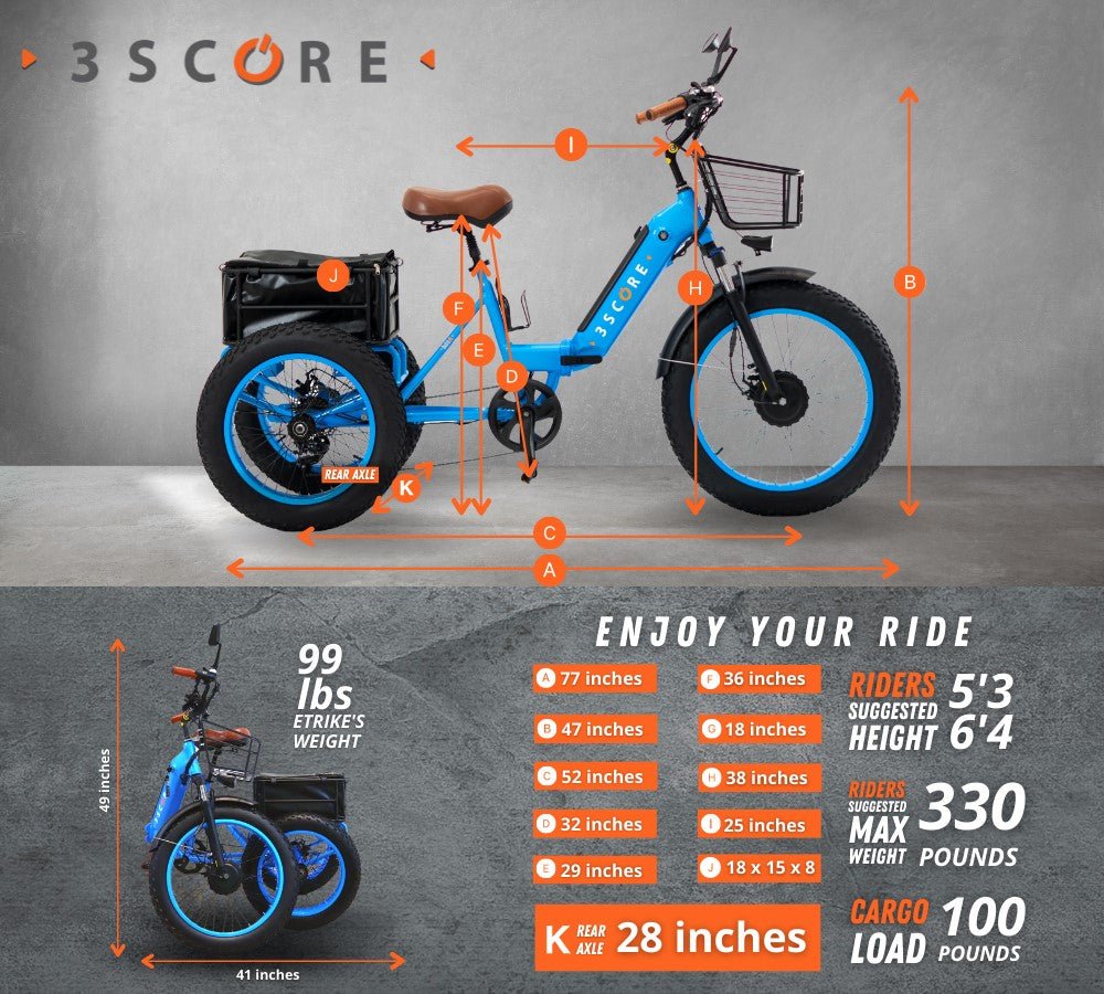 3SCORE Electric Tricycle for Adults measurements Riders suggested Height  and Rider suggested max weight  and cargo load